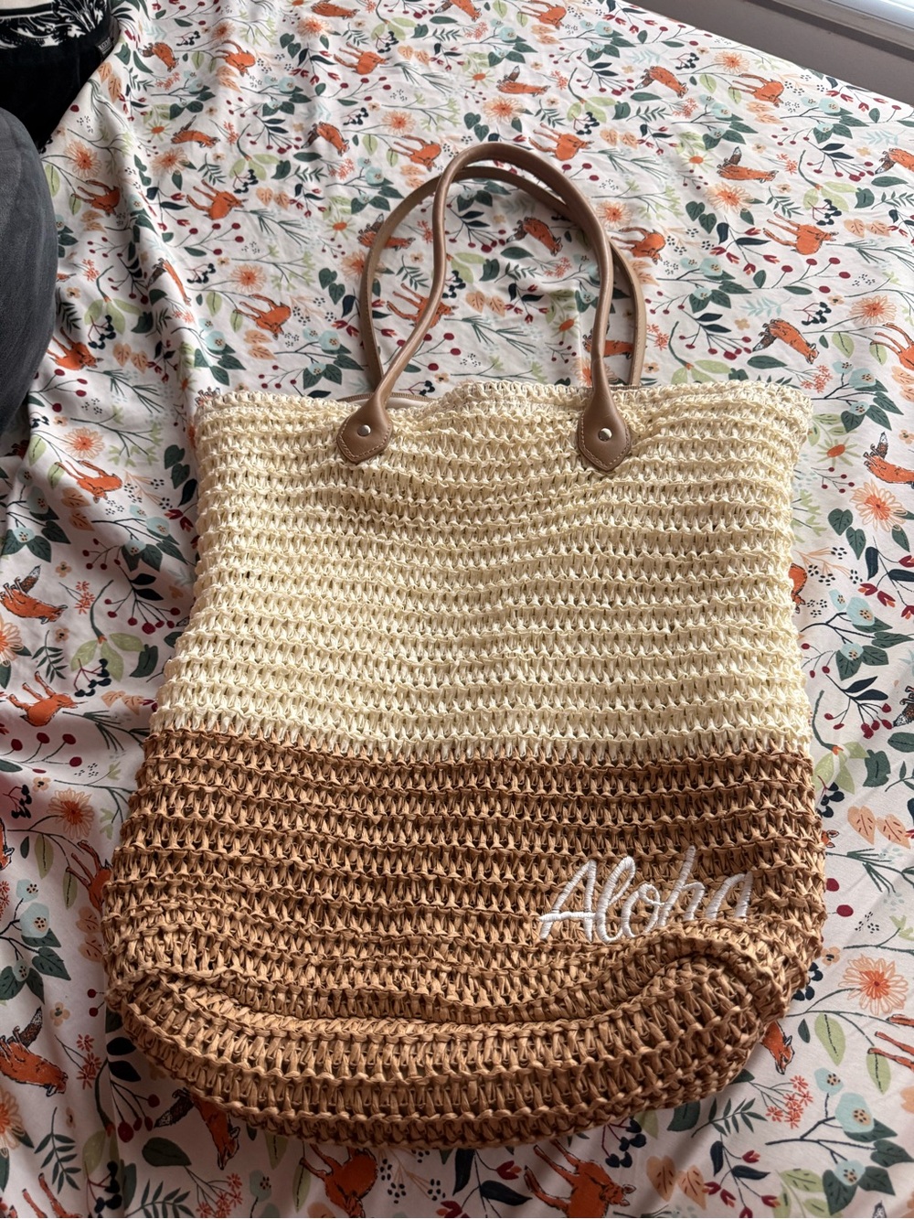 Aloha Two-Tone Crochet Beach Tote - Cream & Tan
